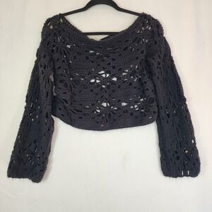 Hand Made Black Crochet Cropped Long Sleeve Sweater Witchy Whimsigoth Fairy Sz M
